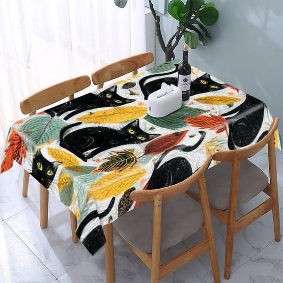 RKSupls Black Cats Leaves Rectangle Dining Tablecloth, Washable Wipeable Stain & Wrinkle Resistant Polyester Tablecloth for Kitchen Picnic Party