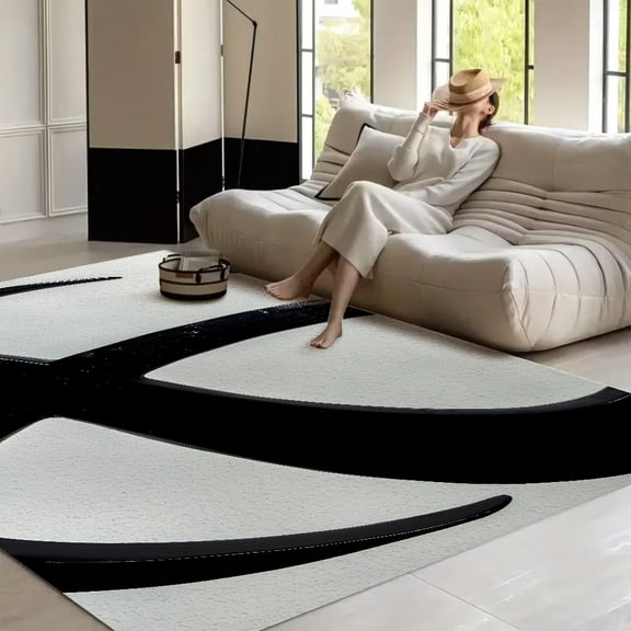 RKSupls 4x3ft Black Circle Abstract Form Soft Fluffy Velvet Area Rug for Living Room Bedroom, Non-Slip Washable Carpet, Modern Minimalist Home Decor Floor Mat