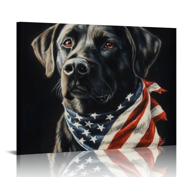 RKSupls Black Lab with American Flag Bandana Canvas Wall Art, Patriotic Dog Portrait Style Wall Decor Print, Modern Artwork for Living Room Bedroom Office Home Decor