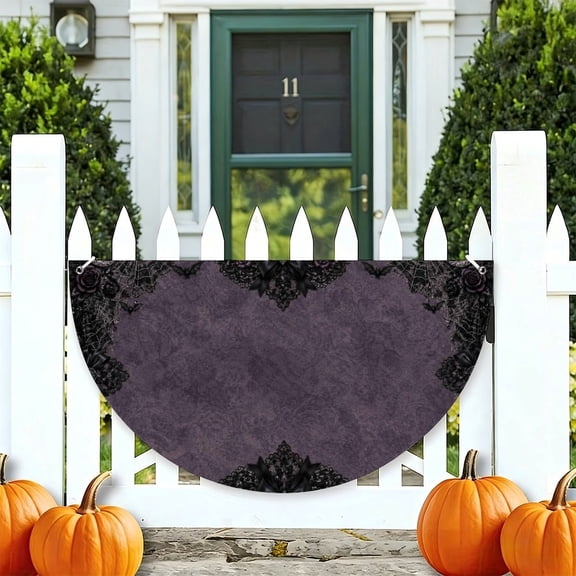 RKSupls Black Lace Floral Bats Accents Gothic Half Round Banner for Porch Fence Railing, Soccer Party Outdoor Hanging Decoration for Home Patio