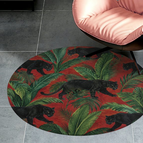 RKSupls Black Panther Red Tropical   Round Flannel Floor Mat, Soft Non-Slip Washable Rug  suitable for Living Room Bedroom Study, Decorative Floor Rug