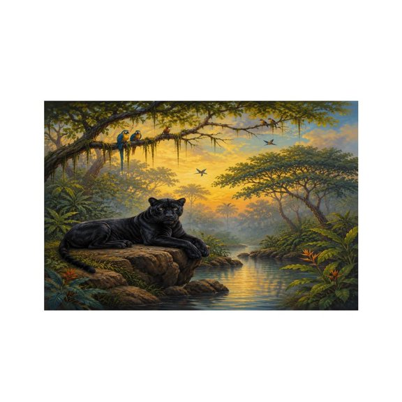 RKSupls Black Panther Rock Parrots Jungle River Linen Placemats 30x45cm Straight Edge Stain Resistant Washable Non-Slip Table Mats Table for Kitchen Dining Room Home