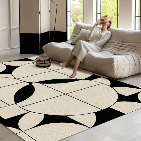 RKSupls Black White Circle Square Pattern Soft Fluffy Velvet Area Rug for Living Room Bedroom, Non-Slip Washable Carpet, Chic Minimalist Home Decor