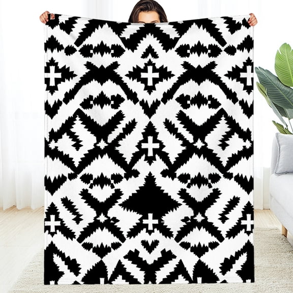 RKSupls Black White Geometric Tribal Soft Flannel Throw Blanket, Lightweight Fuzzy Warm Cozy Blanket for Couch Bed Home Travel Decor