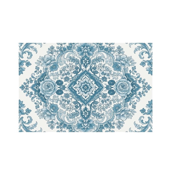 RKSupls Blue Damask Floral Pattern Linen Placemats 30x45cm Straight Edge Stain Resistant Washable Non-Slip Table Mats Table for Kitchen Dining Room Home