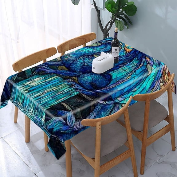 RKSupls Blue Dragon Stained Glass Rectangle Dining Tablecloth, Washable Wipeable Stain & Wrinkle Resistant Polyester Tablecloth for Kitchen Picnic Party