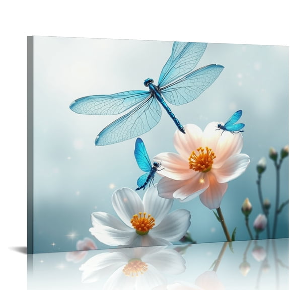 RKSupls Blue Dragonfly Flower Canvas Wall Art, Ethereal Nature Wall Decor Print, Modern Artwork for Living Room Bedroom Office Home Decor,16x12in