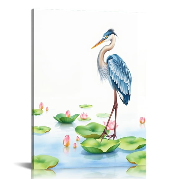 RKSupls Blue Heron Lotus Flower Canvas Wall Art, Canvas Prints Wall Art for Living Room Bedroom Entryway Office, Art Print Painting for Home Decor