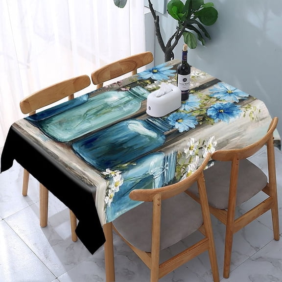 RKSupls Blue Jars Flowers Rectangle Dining Tablecloth, Washable Wipeable Stain & Wrinkle Resistant Polyester Tablecloth for Kitchen Picnic Party