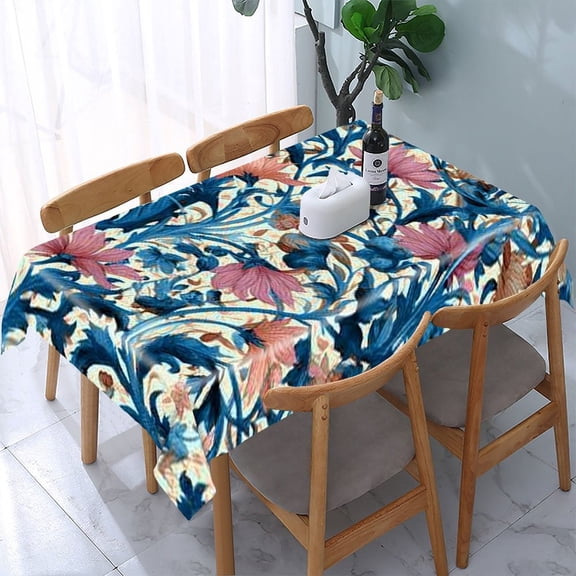 RKSupls Blue Pink Floral Rectangle Dining Tablecloth, Washable Wipeable Stain & Wrinkle Resistant Polyester Tablecloth for Kitchen Picnic Party