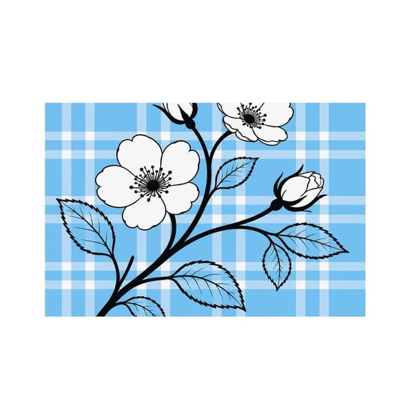 RKSupls Blue Plaid Wildflower Sketch Linen Placemats 30x45cm Straight Edge Stain Resistant Washable Non-Slip Table Mats Table for Kitchen Dining Room Home