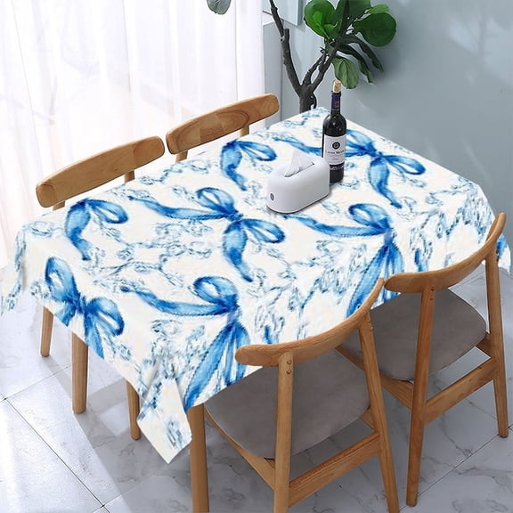 RKSupls Blue Ribbon Bow Rectangle Dining Tablecloth, Washable Wipeable Stain & Wrinkle Resistant Polyester Tablecloth for Kitchen Picnic Party