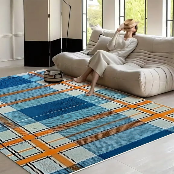 RKSupls Blue Tartan Plaid Orange Breakfast Bright  Soft Fluffy Velvet Area Rug   for Living Room Bedroom, Non-Slip Washable Carpet, Modern Minimalist Home Decor Floor Mat