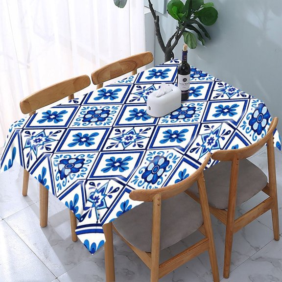 RKSupls Blue White Diamond Flower Grid Rectangle Dining Tablecloth, Washable Wipeable Stain & Wrinkle Resistant Polyester Tablecloth for Kitchen Picnic Party
