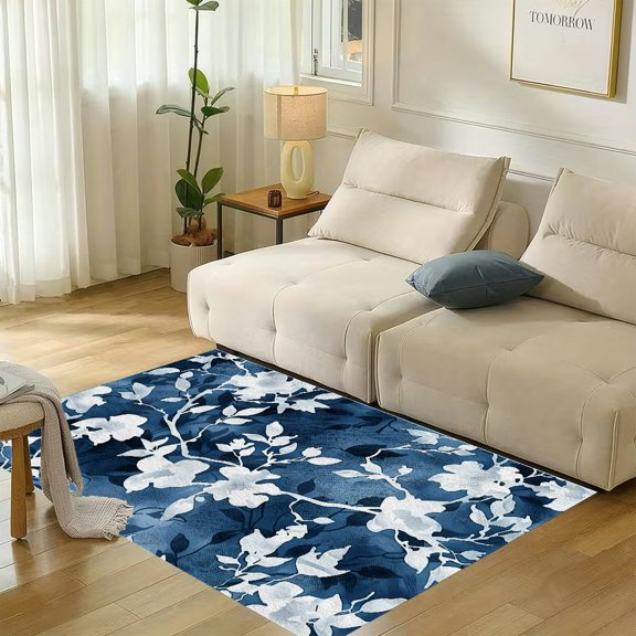 RKSupls Blue White Floral Lace Soft Flannel Area Rug 71x47 Inch, Non-Slip Floor Mat for Living Room Bedroom, Warm Fuzzy Carpet for Winter Holiday Decor