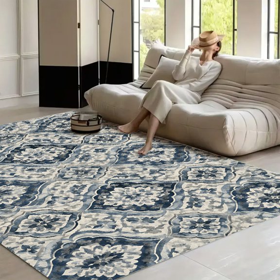 RKSupls Blue White Interlaced Vine Tile Soft Fluffy Velvet Area Rug for Living Room Bedroom, Non-Slip Washable Carpet, Chic Minimalist Home Decor