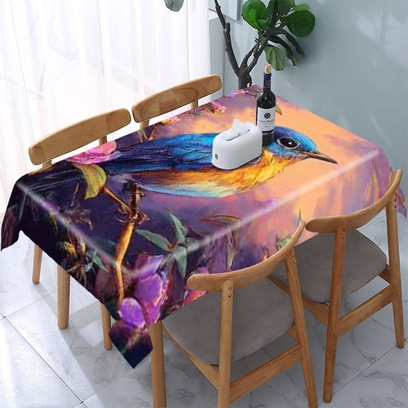 RKSupls Bluebird Pink Flowers Rectangle Dining Tablecloth, Washable Wipeable Stain & Wrinkle Resistant Polyester Tablecloth for Kitchen Picnic Party