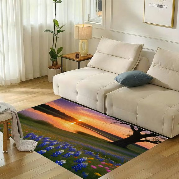 RKSupls Bluebonnet Wildflowers Blooming on Spring Lake Soft Flannel Area Rug 71x47 Inch, Non-Slip Floor Mat for Living Room Bedroom, Warm Fuzzy Carpet for Winter Holiday Decor