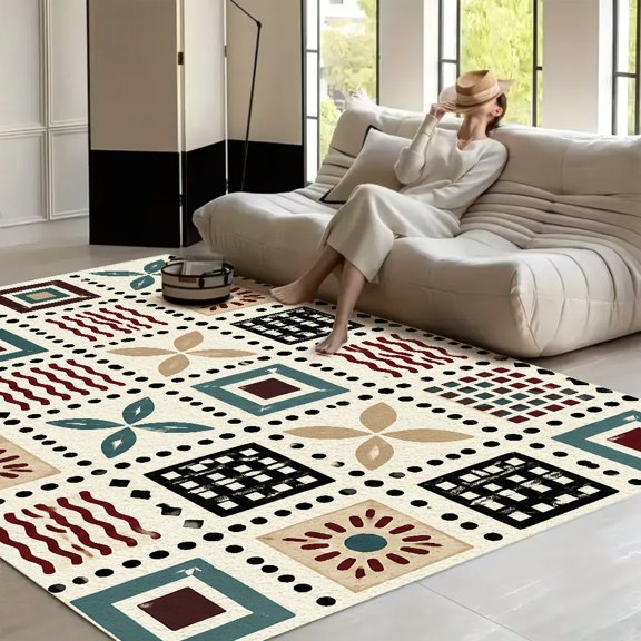 RKSupls Boho Patchwork Square Tile Pattern Design Soft Fluffy Velvet Area Rug for Living Room Bedroom, Non-Slip Washable Carpet, Modern Minimalist Home Decor Floor Mat