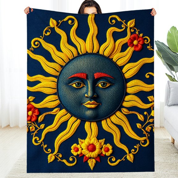 RKSupls Boho Sun Face Celestial Art Soft Flannel Throw Blanket, Lightweight Fuzzy Warm Cozy Blanket for Couch Bed Home Travel Decor