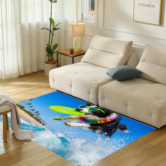 RKSupls Border Collie Catching Frisbee Soft Flannel Area Rug 71x47 Inch, Non-Slip Floor Mat for Living Room Bedroom, Warm Fuzzy Carpet for Winter Holiday Decor