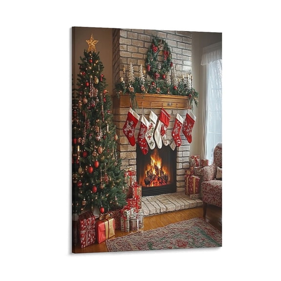 RKSupls Brick Fireplace Stockings Tree Canvas Wall Art Framed Painting, Modern Home Decor Print for Living Room Bedroom Office Wall Decoration