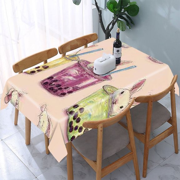 RKSupls Bunny Bubble Tea Rectangle Dining Tablecloth, Washable Wipeable Stain & Wrinkle Resistant Polyester Tablecloth for Kitchen Picnic Party