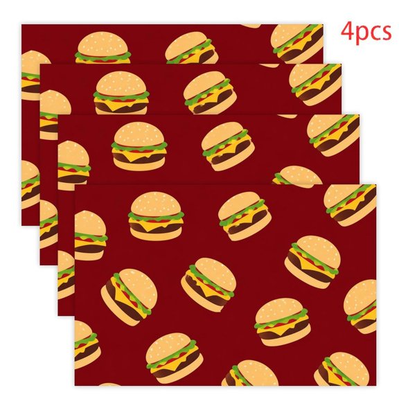 RKSupls Burger Maroon Pattern Linen Placemats 30x45cm Straight Edge Stain Resistant Washable Non-Slip Table Mats Table for Kitchen Dining Room Home