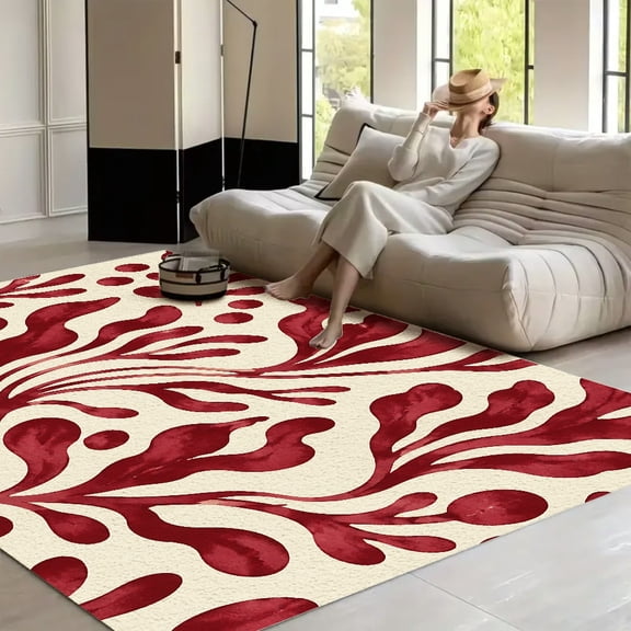 RKSupls Burgundy Abstract Floral Pattern Soft Fluffy Velvet Area Rug for Living Room Bedroom, Non-Slip Washable Carpet, Chic Minimalist Home Decor