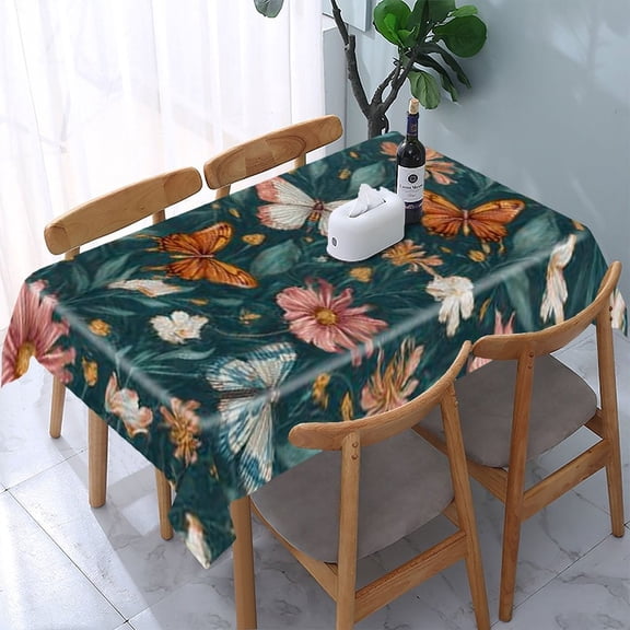 RKSupls Butterflies Flowers Pattern Rectangle Dining Tablecloth, Washable Wipeable Stain & Wrinkle Resistant Polyester Tablecloth for Kitchen Picnic Party