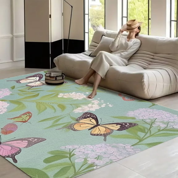 RKSupls Butterflies Hydrangeas Pattern Pastel Soft Fluffy Velvet Area Rug for Living Room Bedroom, Non-Slip Washable Carpet, Modern Minimalist Home Decor Floor Mat