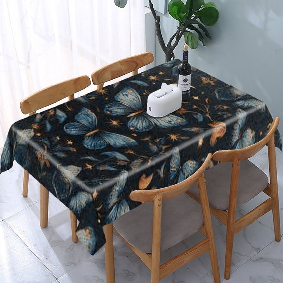 RKSupls Butterflies Moon Stars Pattern Rectangle Dining Tablecloth, Washable Wipeable Stain & Wrinkle Resistant Polyester Tablecloth for Kitchen Picnic Party