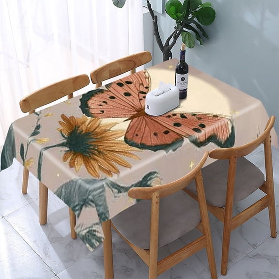 RKSupls Butterfly Moon Flower Rectangle Dining Tablecloth, Washable Wipeable Stain & Wrinkle Resistant Polyester Tablecloth for Kitchen Picnic Party