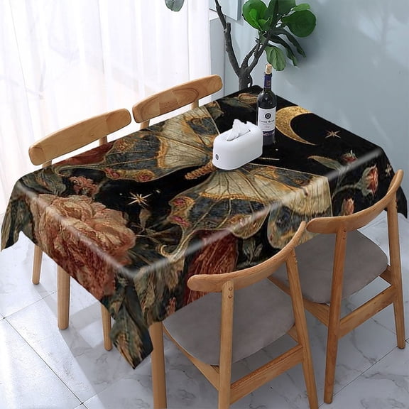 RKSupls Butterfly Moon Roses Rectangle Dining Tablecloth, Washable Wipeable Stain & Wrinkle Resistant Polyester Tablecloth for Kitchen Picnic Party