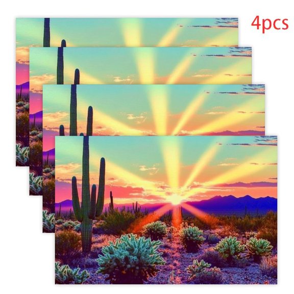 RKSupls Cactus Desert Sunset Rays Linen Placemats 30x45cm Straight Edge Stain Resistant Washable Non-Slip Table Mats Table for Kitchen Dining Room Home