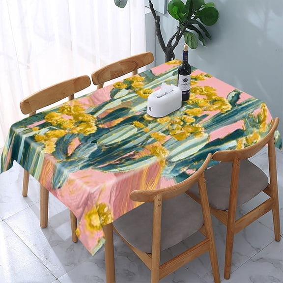 RKSupls Cactus Yellow Flowers Rectangle Dining Tablecloth, Washable Wipeable Stain & Wrinkle Resistant Polyester Tablecloth for Kitchen Picnic Party