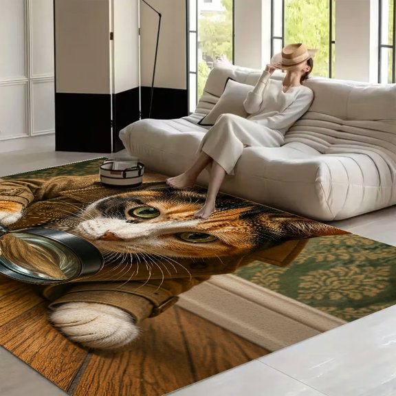 RKSupls Calico Cat Detective Magnifying Glass  Soft Fluffy Velvet Area Rug   for Living Room Bedroom, Non-Slip Washable Carpet, Modern Minimalist Home Decor Floor Mat