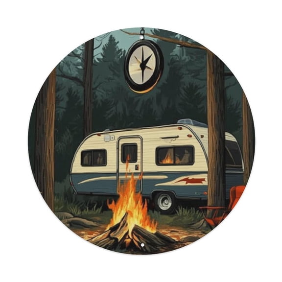 RKSupls Camper Forest Campfire Night 7.9x7.9in Round Aluminum Plaque Wall Art, UV Printed Vintage Metal Sign with Pre-Drilled Holes for Home Bar Garage Cafe Decor