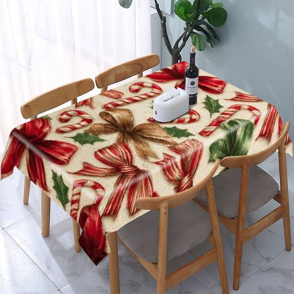 RKSupls Candy Cane Bow Holly Rectangle Dining Tablecloth, Washable Wipeable Stain & Wrinkle Resistant Polyester Tablecloth for Kitchen Picnic Party