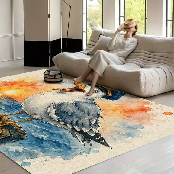 RKSupls Captain Seagull At Sunset Pier Soft Fluffy Velvet Area Rug for Living Room Bedroom, Non-Slip Washable Carpet, Modern Minimalist Home Decor Floor Mat