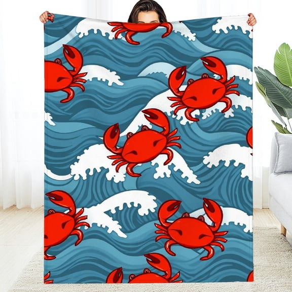 RKSupls Cartoon Crab Wave Pattern Soft Flannel Throw Blanket, Lightweight Fuzzy Warm Cozy Blanket for Couch Bed Home Travel Decor