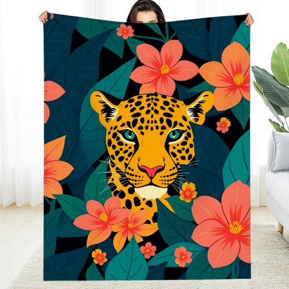 RKSupls Cartoon Leopard Flower Soft Flannel Throw Blanket, Lightweight Fuzzy Warm Cozy Blanket for Couch Bed Home Travel Decor