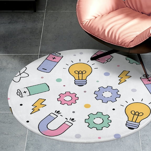 RKSupls Cartoon Science Tools Pattern  Round Flannel Floor Mat, Soft Non-Slip Washable Rug  suitable for Living Room Bedroom Nursery, Decorative Floor Rug