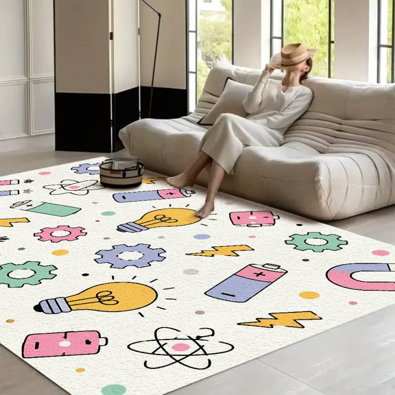 RKSupls Cartoon Science Tools Pattern Soft Fluffy Velvet Area Rug for Living Room Bedroom, Non-Slip Washable Carpet, Modern Minimalist Home Decor Floor Mat