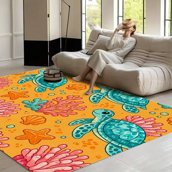 RKSupls Cartoon Sea Turtles  Soft Fluffy Velvet Area Rug   for Living Room Bedroom, Non-Slip Washable Carpet, Modern Minimalist Home Decor Floor Mat