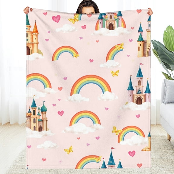 RKSupls Castle Rainbow Princess Soft Flannel Throw Blanket, Lightweight Fuzzy Warm Cozy Blanket for Couch Bed Home Travel Decor