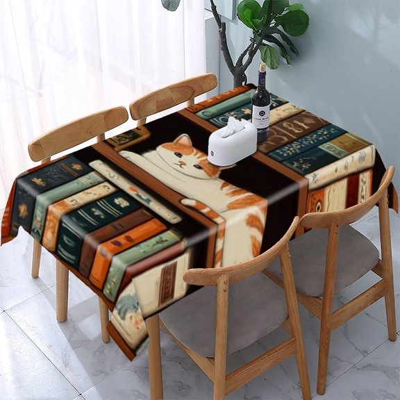 RKSupls Cat Bookshelf Clock Rectangle Dining Tablecloth, Washable Wipeable Stain & Wrinkle Resistant Polyester Tablecloth for Kitchen Picnic Party