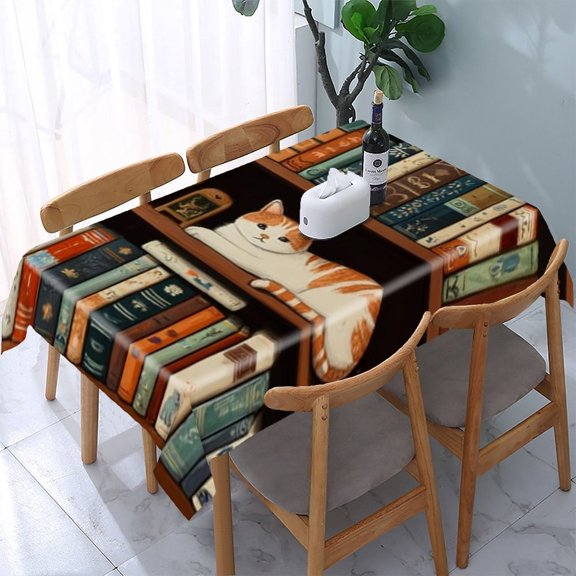 RKSupls Cat Bookshelf Clock Rectangle Dining Tablecloth, Washable Wipeable Stain & Wrinkle Resistant Polyester Tablecloth for Kitchen Picnic Party