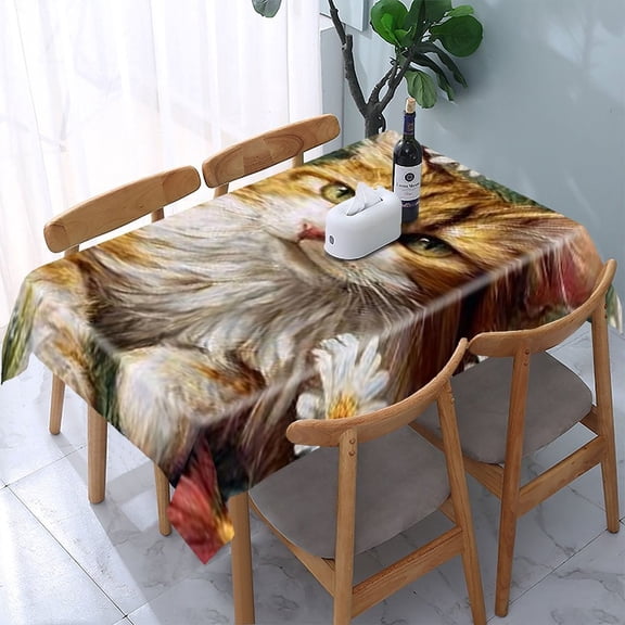 RKSupls Cat Daisies Garden Rectangle Dining Tablecloth, Washable Wipeable Stain & Wrinkle Resistant Polyester Tablecloth for Kitchen Picnic Party