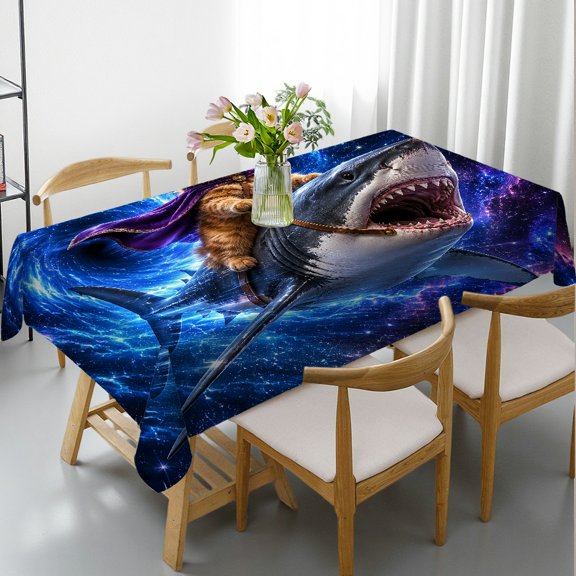 RKSupls  Cat King Riding Space Shark With Rainbow Beam Print Rectangle Dining Tablecloth, Kitchen Accessories Machine-Made, Cat King Riding Space Shark With Rainbow Beam